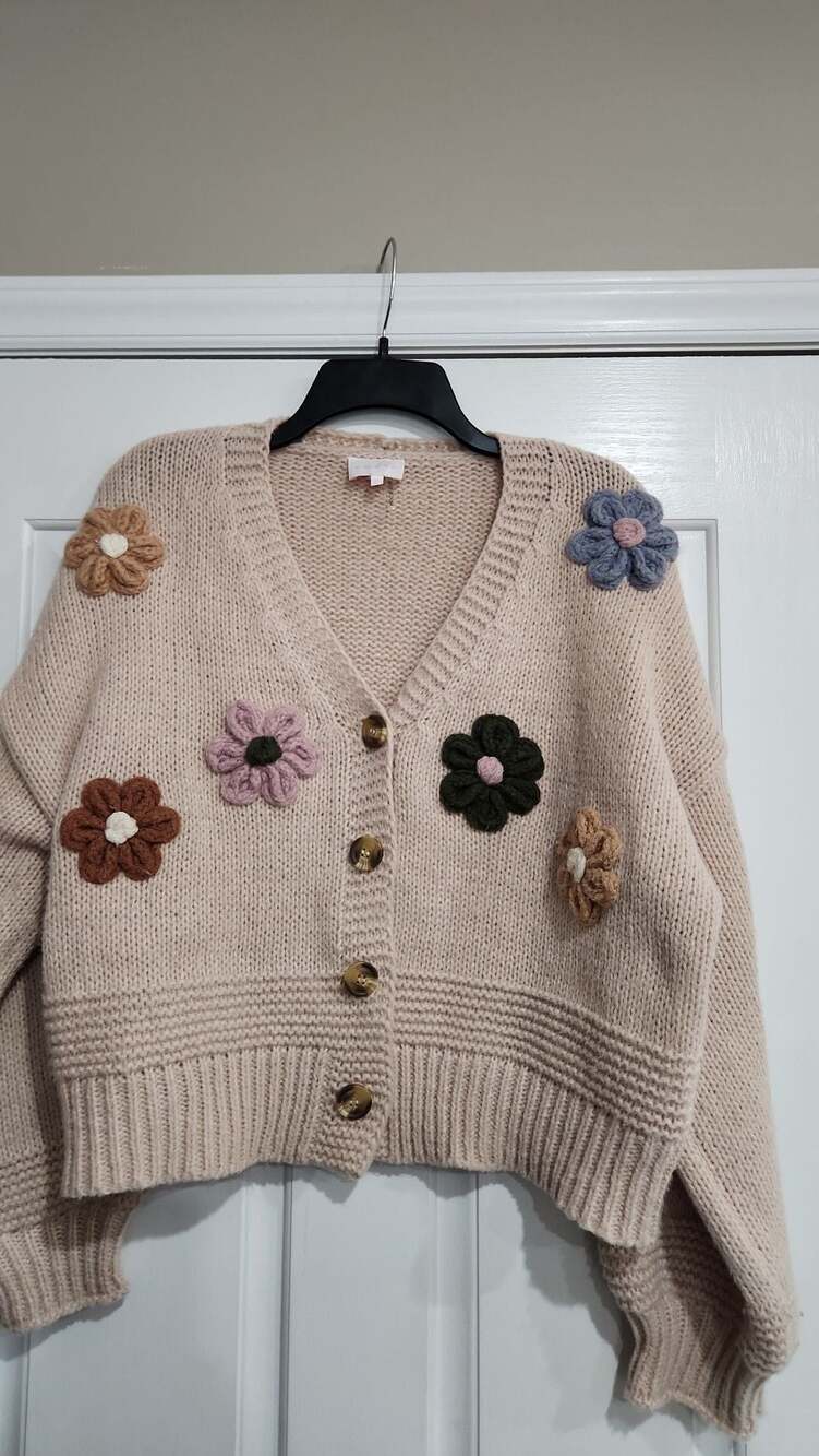 Entro Crochet 3D Flower Accent Button Front Cardigan
